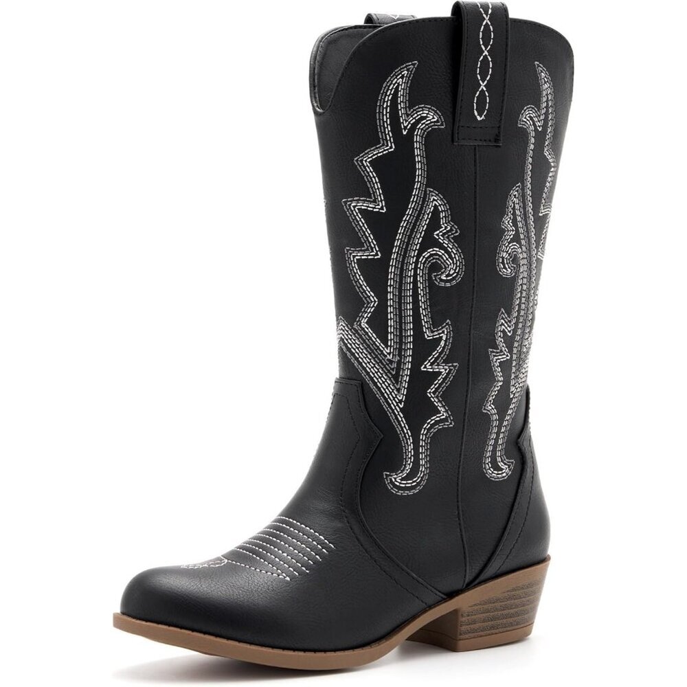 ⚡Girls Black Kids Western Boots Embroidered Cowgirl Boots Riding Shoes Mid Calf